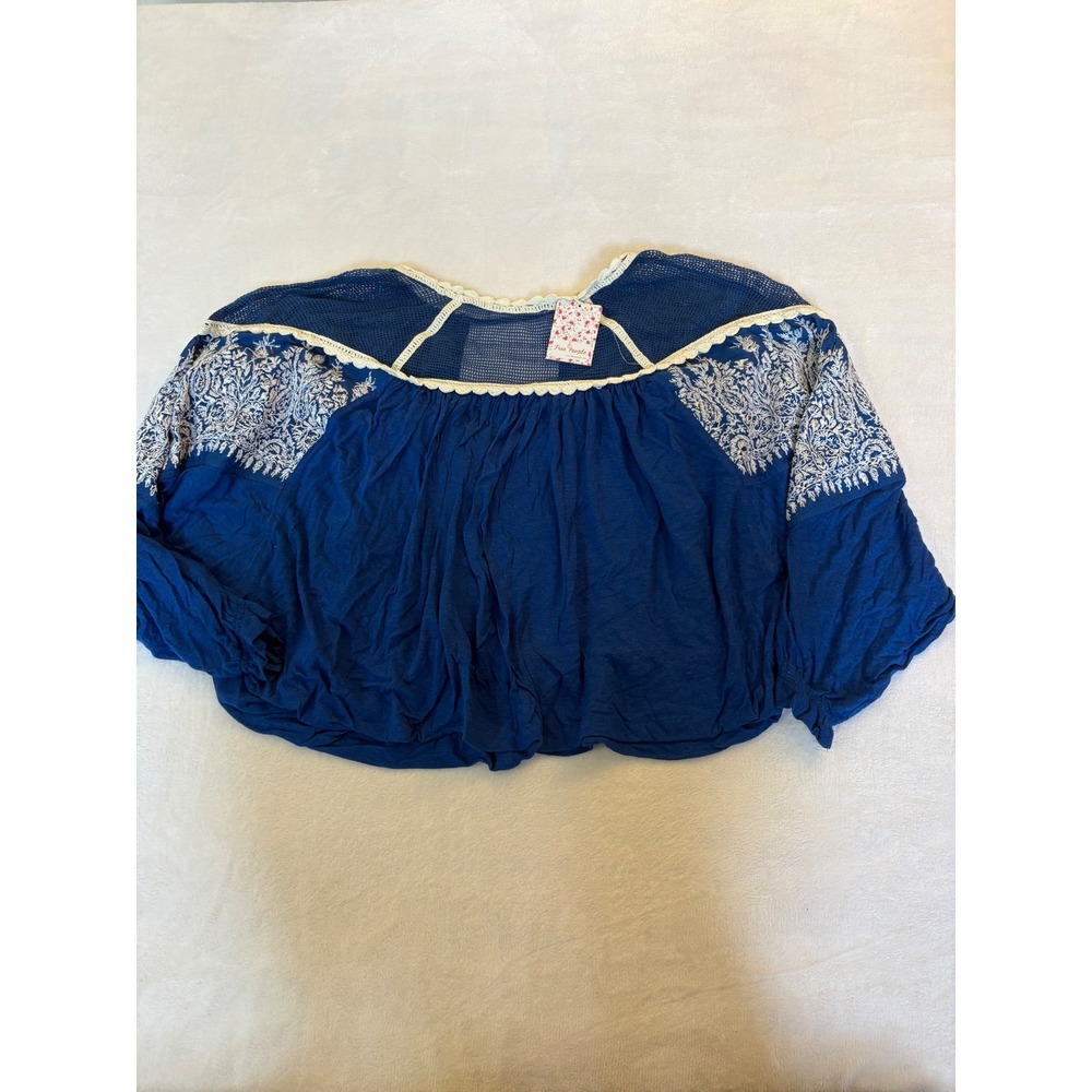 Free People Blue Embroidered Mesh Yoke Peasant Top OB776355 Womens Size M NWT